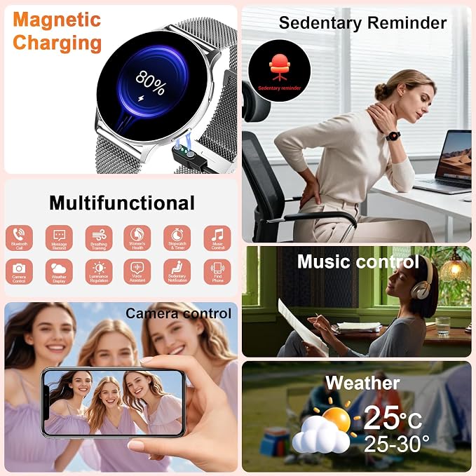 Jugeman Smart Watch for Women, Womens Watch with 24/7 Health Tracking, Bluetooth Calls, Step Heart Rate Sleep Monitor, IP68 Waterproof Wrist Smartwatch for Work Sports, Gift for Women (Silver)