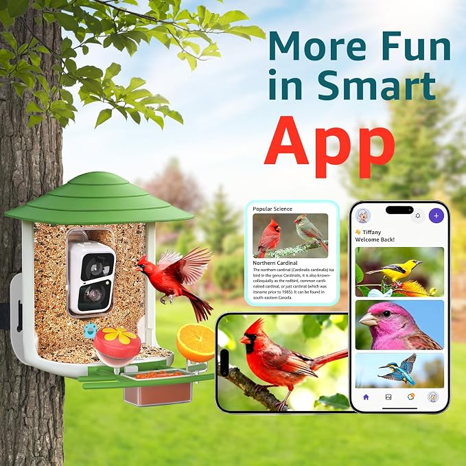 birdsnap® TUC Bird Feeder with Camera 2K HD Live with 32GB Card Auto Detect & Notify AI Identify Camera Birds Feeders Solar Powered Wireless Outdoors Backyard Gift for Mom Dad Birds Lover, 2.4G WiFi