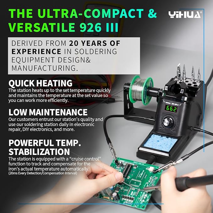 YIHUA 926 III 60W Digital Display Soldering Iron Station Kit w 2 Helping Hands, 6 Extra Iron Tips, Lead-Free Solder, Solder Sucker, S/S Tweezers, °C/ºF Conversion, Auto Sleep & Calibration Support