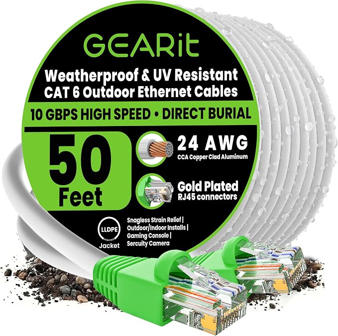 GEARit Cat6 Outdoor Ethernet Cable (50 Feet) CCA Copper Clad, Waterproof, Direct Burial, In-Ground, UV Jacket, POE, Network, Internet, Cat 6, Cat6 Cable - 50ft
