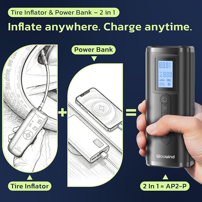 Woowind Tire Inflator & Power Bank 2 in 1 Portable Air Compressor, Electric Bike Pump with Digital Pressure Gauge, Air Pump for Car Tires, Bicycle, Motorcycle, Scooter, Balls (AP2-P)