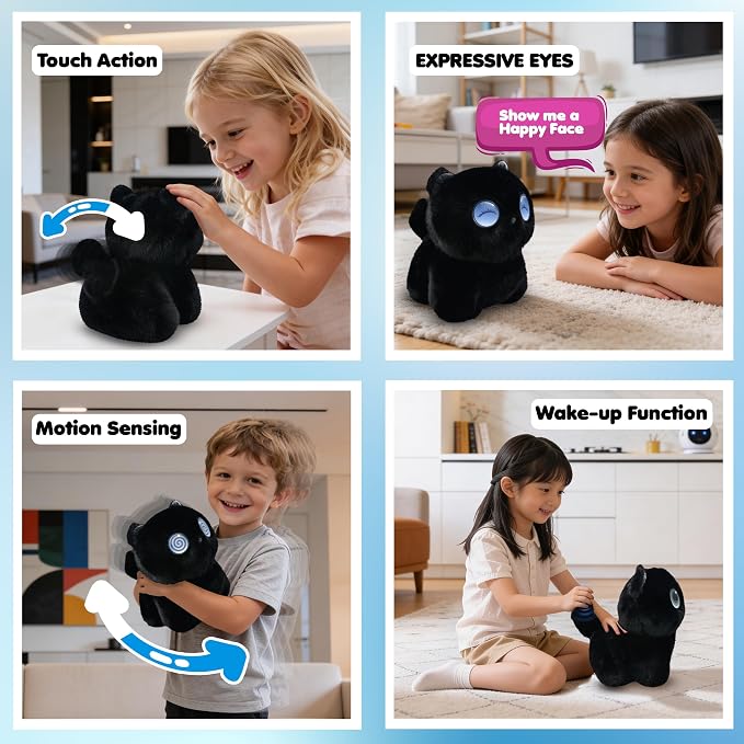 Contixo AI Pixie-Paw Smart Interactive Plush Cat – Voice-Responsive, Touch-Activated, Expressive Eyes, AI Companion Stuffed Animal for Kids & Pet Lovers, Black