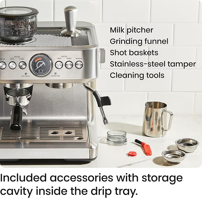 Chefman Crema Supreme 15 Bar Espresso Machine with Milk Frother, Barista Steam Wand, Professional Coffee Maker with Coffee Grinder, 30 Grind Settings, 3L Removable Water Tank - Stainless Steel