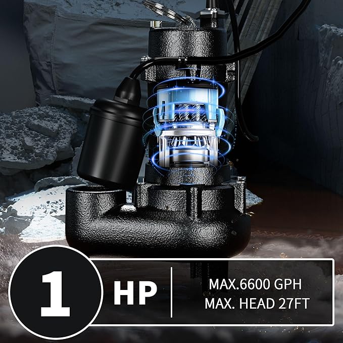 LANCHEZ 1HP 6600 GPH Submersible Sewage Pump, Heavy Duty Cast Iron Effluent Pump with Automatic Tethered Float Switch, Sump Pump for Sump Basin, Basement, Residential, 2" NPT Discharge