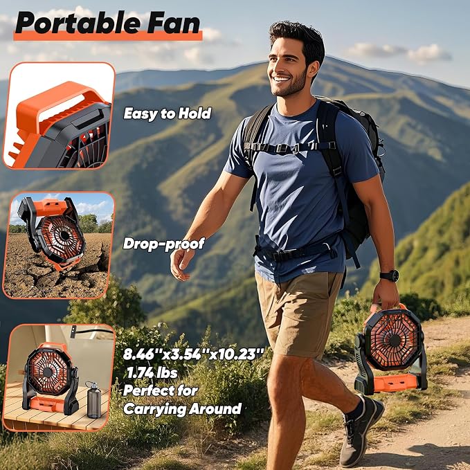 MATULSA Portable Rechargeable Camping Fan, 10-Inch Battery Operated Fan, Quiet Table Fan with LED Lights, 4 Fan Speeds and 125°Rotation, Rechargeable Beach fan for Travel, Fishing, Picnic, Orange