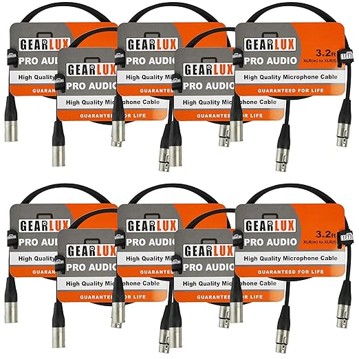 Gearlux XLR Microphone Cable, Fully Balanced, Male to Female, 3.2 Feet - 10 Pack