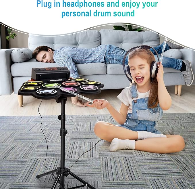 Electric Kids Drum Set,Electronic Drum Set Practice 9 Pads With Stand,Music Recording,Light Up Drum Sticks,Drum Pedal,Midi,Dual Stereo Speaker(Rainbow)