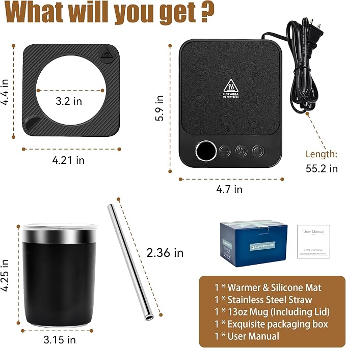 Coffee Mug Warmer Plate 13oz Cup and stainless steel straw, 36W Electric Smart Cup Mug Heater, 6-Temp Settings, 12H Timer, Gifts for Women and Men,Warming and Heating Coffee,Beverage,Candles,Tea,Cocoa