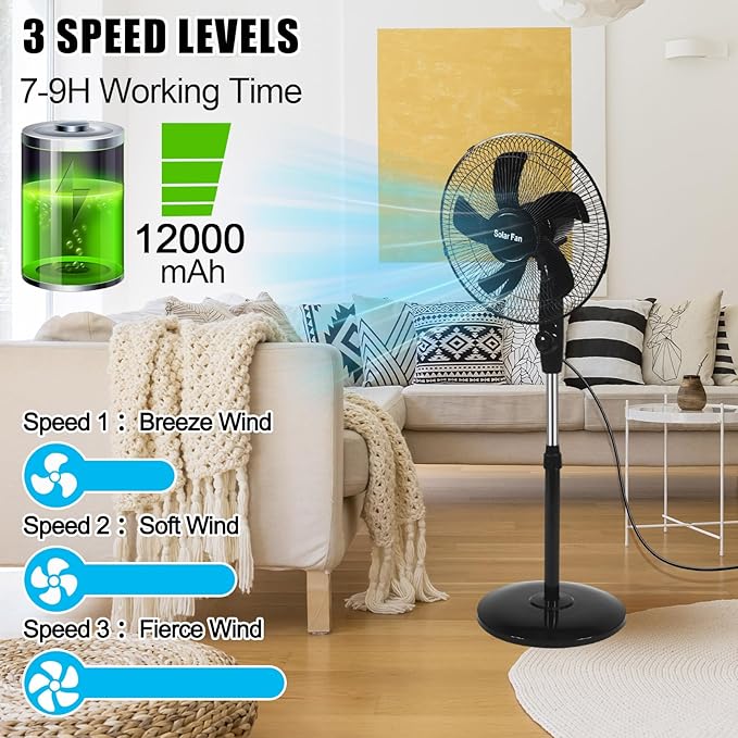 Blosssound 16 Inch Portable Solar Floor Fan Rechargeable Oscillating Standing Pedestal Fan with Solar Panel, 12000mah Battery, Two Charging Methods, 3 Speeds for Home Office Outdoor (Black)