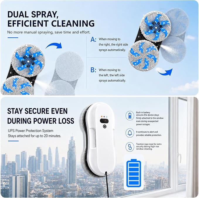 RINLAIN Window Cleaning Robot, 2026 Upgraded Robot Window Cleaner with 2700-3300Pa Variable Suction, Dual-Side Spray & Edge Detection for Glass Mirrors