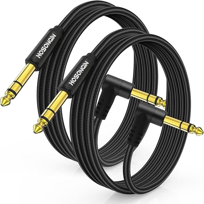 HOSONGIN 1/4 Inch TRS Instrument Cable 10 feet 2-Pack, Straight-to-Right Angle 6.35mm Male Stereo Audio Cord, Balanced Interconnect Line for Electric Guitar, Bass, Keyboard, Mixer, Amplifier, Speaker