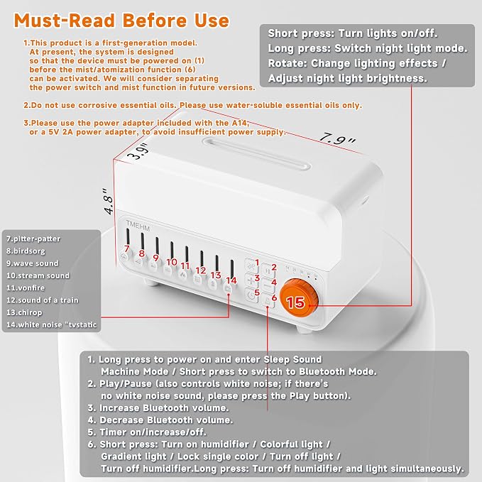 TMEHM 4-in-1 Sleep Sound Machine with White Noise & Aroma Diffuser | Bluetooth Speaker, Night Light & 8 Nature Sounds with Timer for Baby, Kids and Adults
