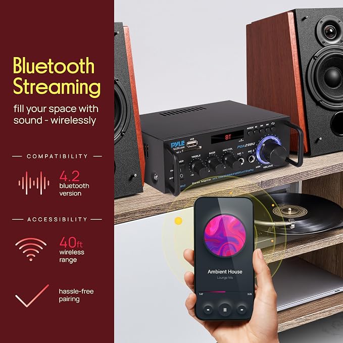 Pyle 200W Bluetooth Compact Power Amplifier - Wireless 2 Channel Audio Receiver with Dual Karaoke Mic Input - RCA - USB-A + SD Card MP3 Player - FM Radio - AUX In - Remote Control - PDA29BU