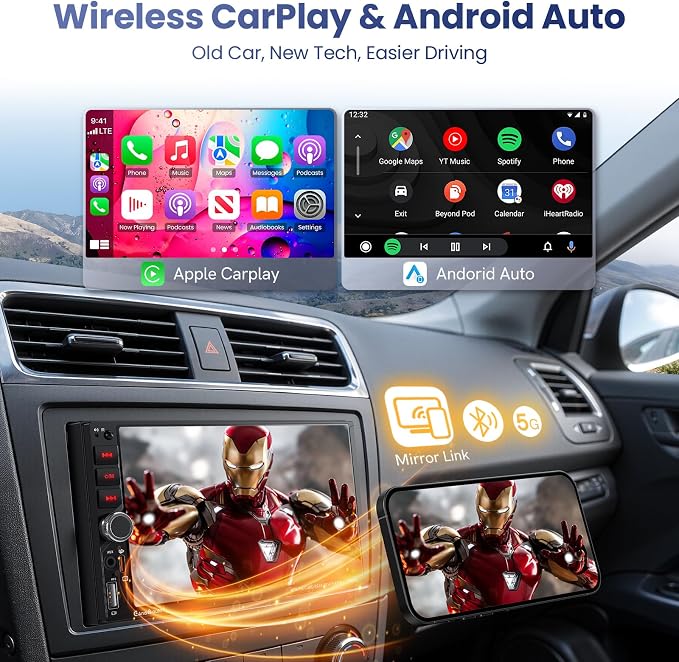 7" Double Din Car Stereo with Wireless Apple CarPlay & Android Auto,QLED IPS Touchscreen Double Din Radio,1080P Backup Camera, Voice Control, Type-C Fast Charging,Bluetooth 6.0, GPS, AM/FM, EQ