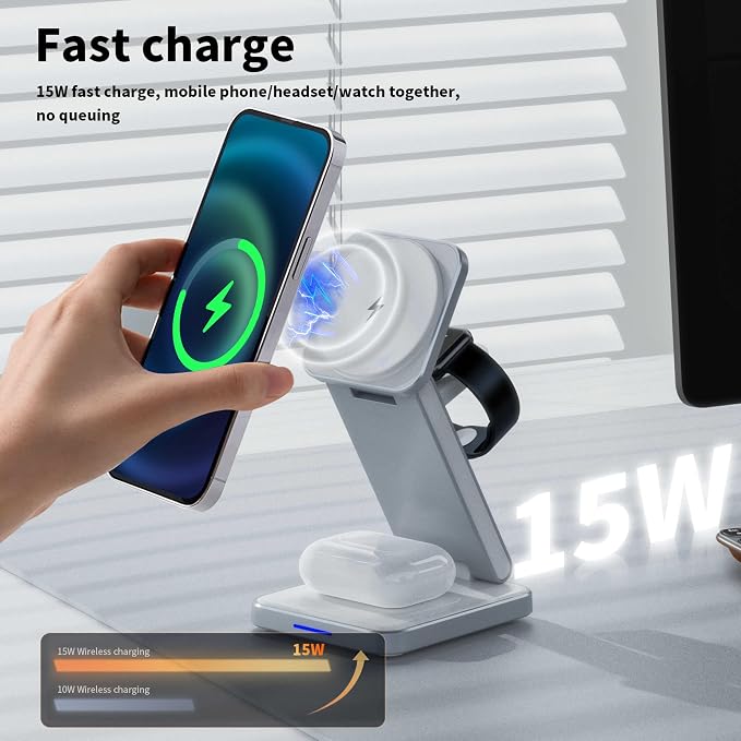 SIMPKEELY 3-in-1 Magnetic Wireless Charging Station, 15W Fast Charger Stand for iPhone/Apple Watch/AirPods, Foldable Design (Gray)