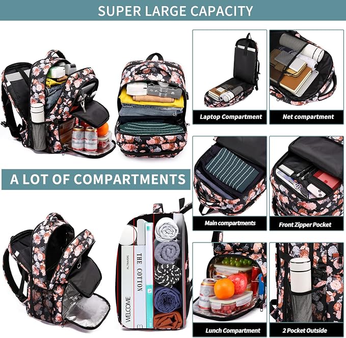 HILUSEN Lunch Backpack for Women, Insulated Cooler Lunch Box, Extra Large Work Backpack with USB Charging Port, Water Resistant 17 inch Travel Laptop Backpack