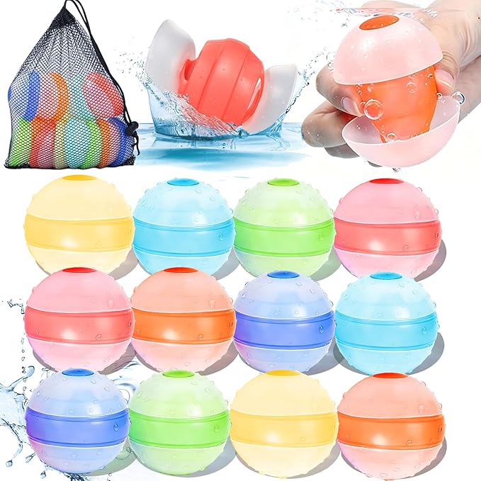Self-Sealing Reusable Water Balloons for Kids – 12 Pack Soft Silicone Splash Balls, No Magnets, Quick-Fill Outdoor Water Battle Toys for Toddlers Boys Girls Ages 3+ (Reusable Water Balloons-12 Packs)