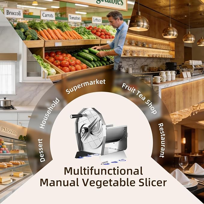 Manual Vegetable Fruit Slicer, Commercial Vegetable Cutter with 0-0.5"/0-13mm Thickness Adjustable, Stainless Steel Veggie Food Slicing Machine for Potatoes Lemons Tomatoes Onions