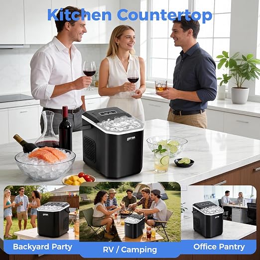 OSTBA Countertop Ice Maker Machine, Portable Ice Maker Makes 9 Bullet Ice Cubes in 6 Minutes, 26Lbs/Day Ice Makers Countertop with Self-Cleaning, Compact Mini Ice Maker for Home Kitchen RV Party