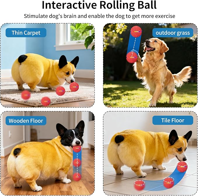 Interactive Automatic Dog Ball, Self-Moving Rolling Toy for Dogs, Chew Resistant E-TPU Material, IPX7 Waterproof, USB-C Rechargeable, Smart Vibration Sensor, Indoor & Outdoor (Red)