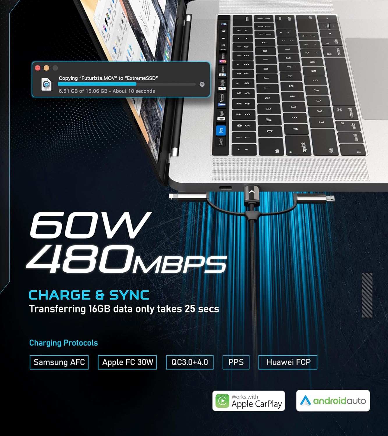 Futurizta Tech [Upgraded] Zeus-X 6 in 1 Universal Multi Cable (1.6ft/0.5m) Fast Charging 60W Laptop PD, QC3.0 & 27W iPhone Fast Charging & Data Sync, Military Grade Braided with Cable Organizer Strap