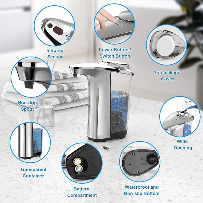 Automatic Soap Dispenser, Touchless Dish Soap Dispenser 17oz/500ml with Infrared Sensor, 5 Adjustable Soap Levels, Liquid Hand Soap Dispenser for Bathroom Kitchen (Silver 4 Pack)