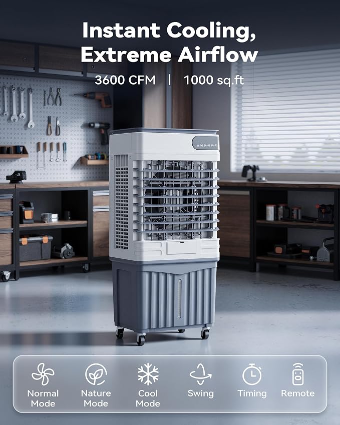Swamp Cooler Air Conditioner, Portable Evaporative Cooler 13 Gal Water Tank | 3600 CFM, 120° Oscillation, 3 Speeds&Modes,12H Timer, Remote&Touch, 4 Ice Packs, for Garage, Large Room, Dry Climate