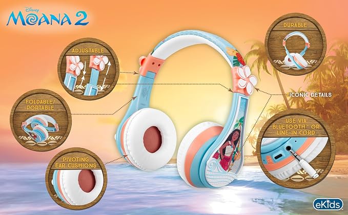 Disney Moana 2 Bluetooth Headphones for Kids Wireless Headphones for School | Volume Reduced and Built-in Microphone