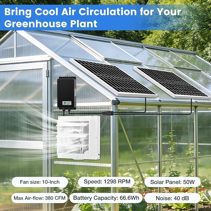 Fanspex Solar Exhaust Fan, Solar Powered Vent Fan Kit for Outside Greenhouse Shed Chicken Coop (10" Fan with Battery)