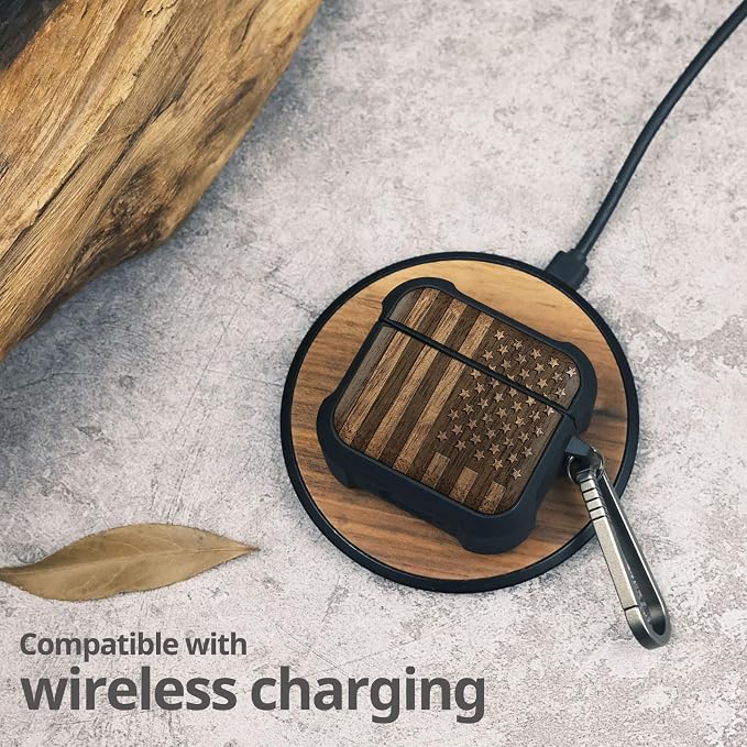 Carveit Wooden Case for AirPods 4 Case (2024) (USB-C) 4th Generation, Wood Artisan Engraved & TPU Shockproof Cover, Titanium Quick Released Clasp (American Flag) Walnut