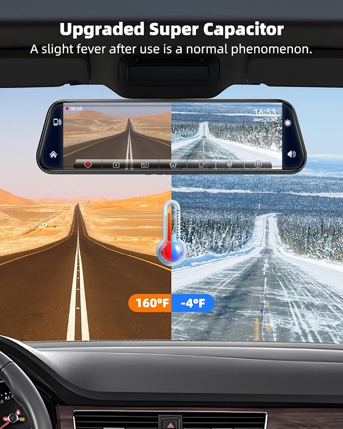 2.5K Mirror Dash Cam with Carplay&Android Auto,10" Rear View Mirror Camera for Cars/Trucks with Voice Control/ 64GB Card/Touch Screen/Parking Monitor/Reverse Assist/Dual Loop Record/WDR Tech