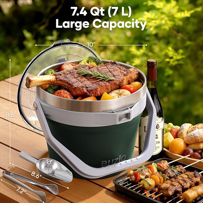 BUZIO 7 L Ice Bucket with Lid and Scoop & Tongs, Vacuum Insulated Stainless Steel Ice Buckets with Handle and Adjustable Shoulder Strap, Large Beverage Bucket for Cocktail Bar Champagne, Green