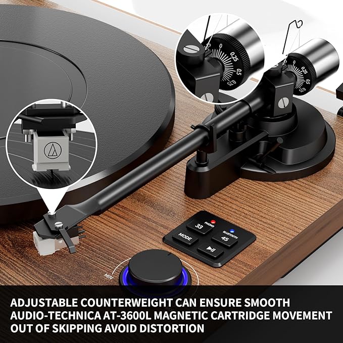 FEKTIK Record Player with Magnetic Cartridge, Bluetooth Belt Drive Vinyl Turntable High Fidelity System with 36 Watt Bookshelf Speakers, Built-in Phono Preamp, USB Recording and Auto Stop