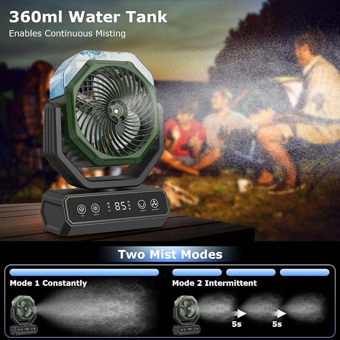 V JULES.V Portable Fan for Bedroom,40000mAh Rechargeable Desk Fan with Smart APP Remote Control,Misting Fan with RGB Lights,Timer,5 Speed Camping Fan for Travel,Tents,Beach,Office,Outdoor-Army Green
