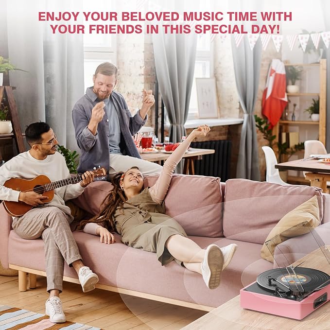 Vinyl Record Player with 2 Stereo Speakers Belt-Driven Vintage Turntables 3 Speed 3 Size Wireless Bluetooth Playback AUX-in RCA Out Headphone LP Vinyl Players Auto Stop Dusty Rose