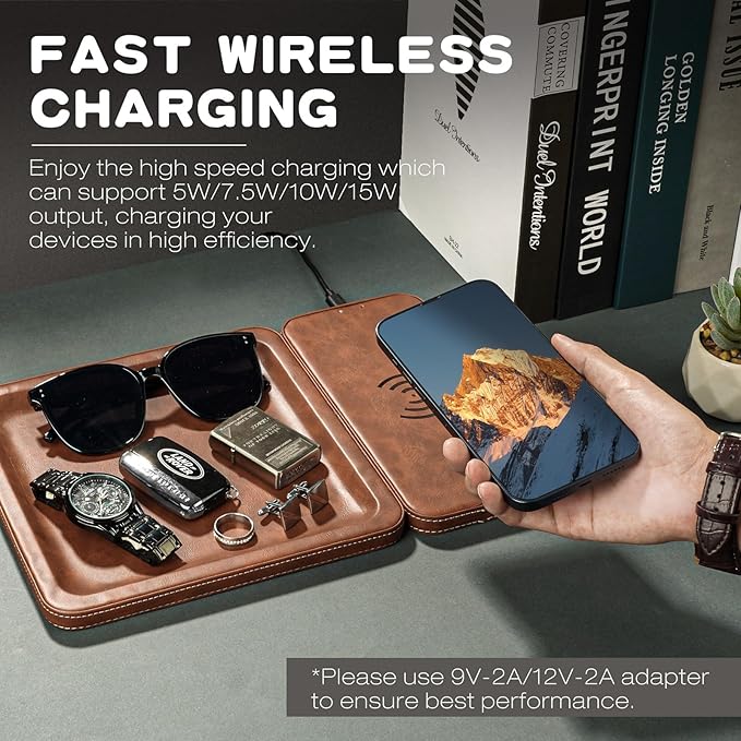 PU Leather Wireless Charging Station and Valet Tray, Gift for Men Husband Dad from Wife Daughter Son, Nightstand Organizer for Men Women, Boyfriend Anniversary Birthday Gifts for Him