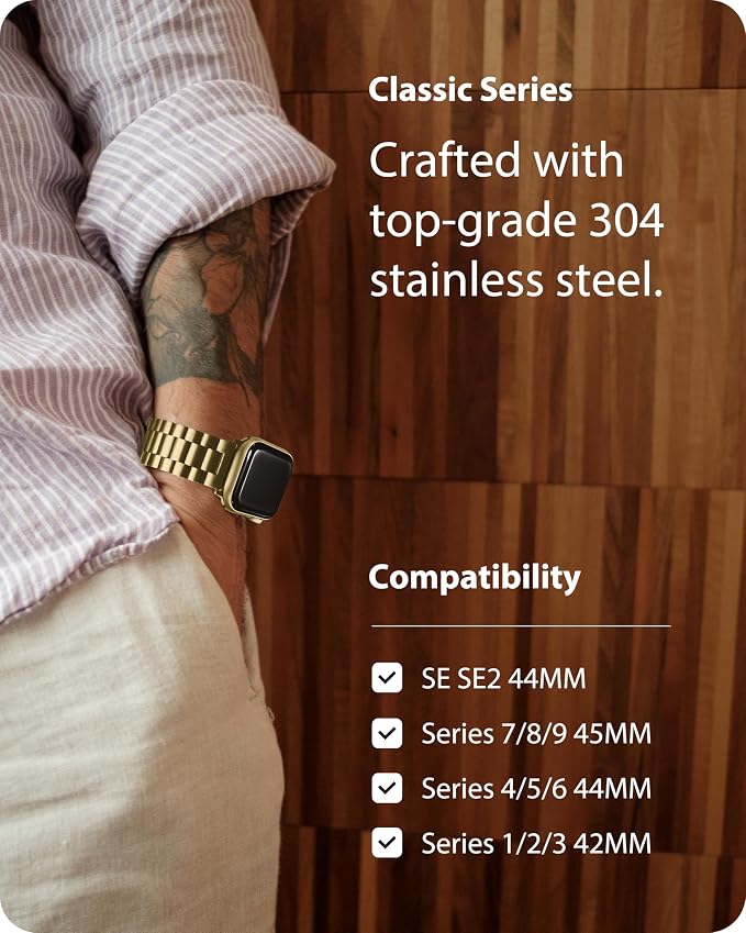 Fullmosa Metal Band Compatible with Apple Watch Bands 45mm 44mm 42mm, iWatch Band with Case for Apple Watch Series 9 8 7 6 5 4 3 2 1 SE3/2/1, Golden