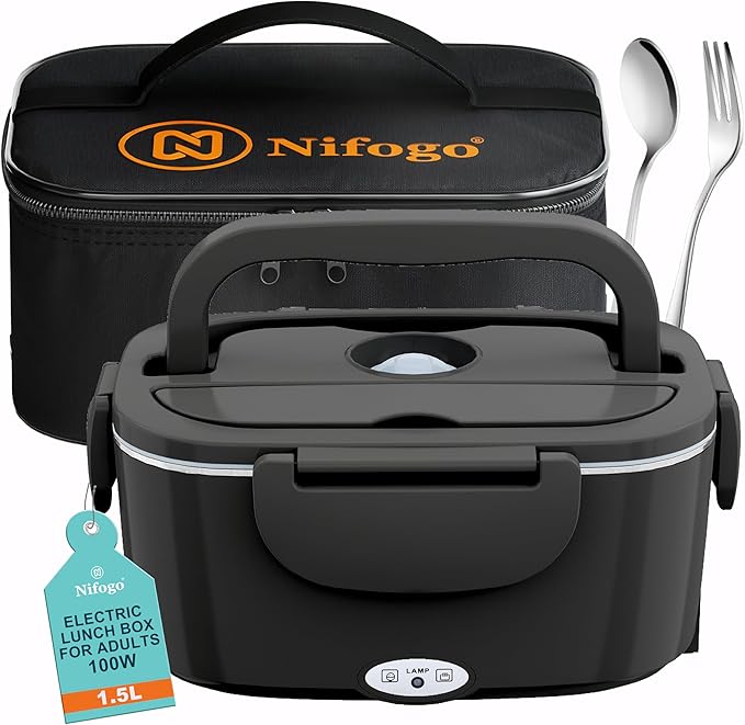 Nifogo Electric Lunch Box for Adults 100W 1.5L Portable Heated Lunch Box for Men 3 in 1 Portable Food Warmer 110V/12V/24V Removable Stainless Steel Container & Big Bag