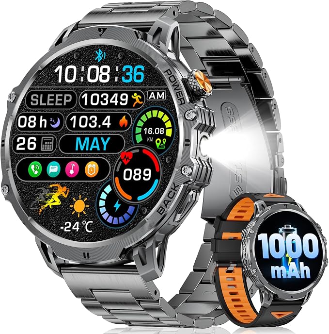 LIGE Military Smart Watches for Men(2 Bands),1000mAh/1.85" HD Large Screen Smartwatch, Flashlight/110+ Sports Modes/IP68 Waterproof/Sleep Monitor, Fitness Tracker Watch for Android iOS,Matte Black