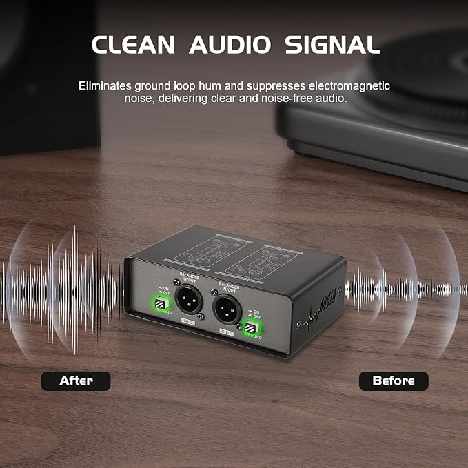 Dual-Channel Audio Signal Isolator with Ground Lift Switch, 3-Level Gain Attenuation (0/-20/-40dB), 600Ω High-Impedance Noise Filter Hum Eliminator for Home Audio, Studio & Live Sound Systems