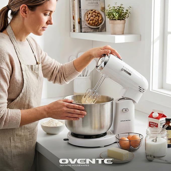 OVENTE Electric Stand Mixer with 3.5 Quarts Stainless Steel Mixing Bowl, 5 Speed Portable and Lightweight 250W Kitchen Mixer for Everyday Use, Includes 2 Egg Beater Whisk and Dough Hook, White SM680W