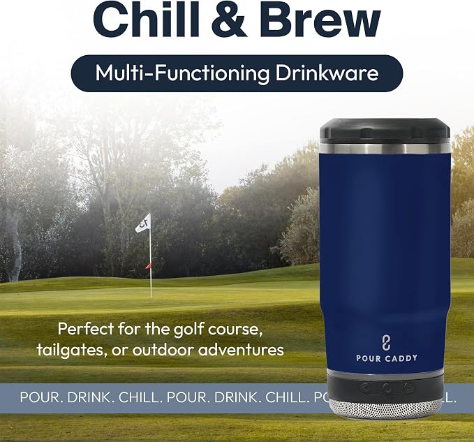 Vibe 4 In 1 Bluetooth Speaker Cup, Insulated Can and Bottle Holder for Hot or Cold Drinks, Double Wall Stainless Steel Drinkware, Fits 12 oz Cans or 14 oz Liquid, Navy Blue