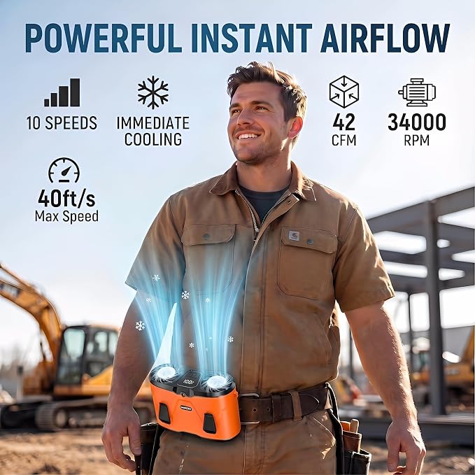 20000mAh Wearable Waist Fan, USB Rechargeable Personal Fan with 10 Wind Speeds, Dual Motors Portable Clip On Fan, Hands Free Cooling Fan for Outdoor Working Camping Travel (Orange)