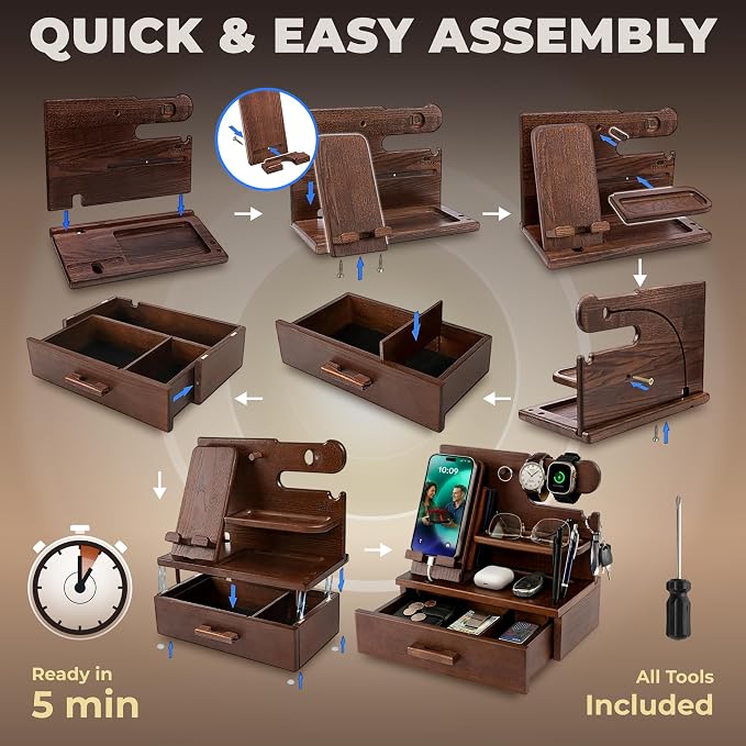 TESLYAR Wood Phone Docking Station with Drawer - Nightstand Organizer - Desk Organizer for Husband - Birthday Gifts for Men, Dad, Anniversary Idea, Key Holder Stand Watch & Accessories (Bourbon Brown)