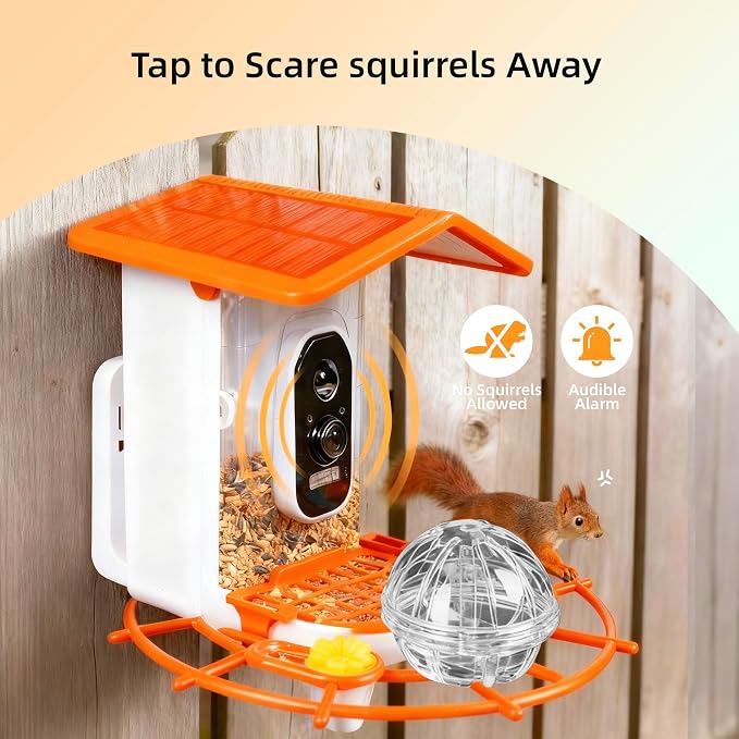 Bird Feeder with Camera,AI Identify Birds Species,Solar Powered,Auto Record Videos in Backyard,Instant Notifications,Ideal Gift for Family and Bird Lovers (Orange)