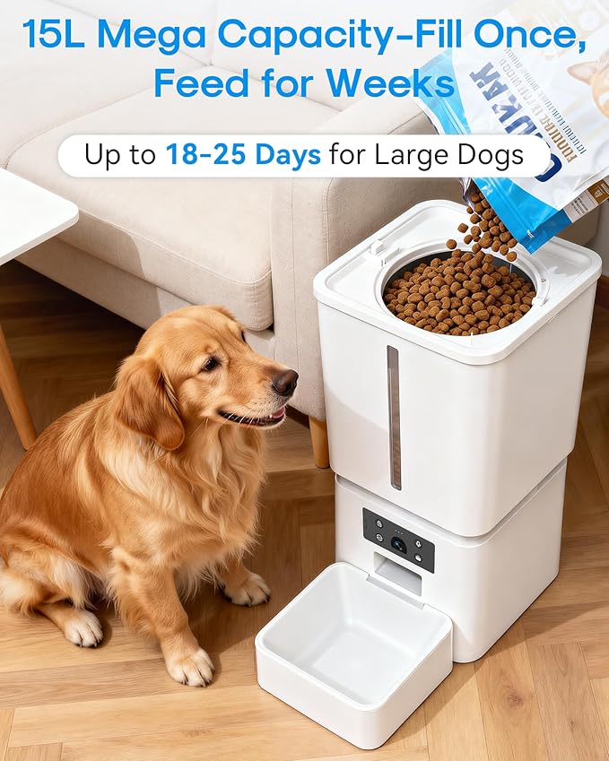 15L/63 Cups Automatic Dog Feeder for Large Breeds: Feeds for 18–25 Days, Anti-Clog Design for 2–23mm Kibble - Smart Dog Food Dispenser with HD Camera and Timer for Busy Pet Parents