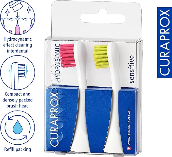 Curaprox Hydrosonic Brush Heads Rainbow Sensitive Duo – for Gentle Gum Care & Precise Cleaning | Magenta/Green, 2-Pack | Compatible with All Curaprox Sonic Models | Swiss Made