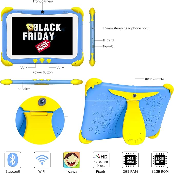 8 inch Kids Tablets,Android 11.0 Tablet for Kids,with Parental Control,2GB RAM,32GB ROM,1280×800 IPS Display,Kid-Proof Case,WiFi Tablet,Ideal Gifts for Christmas and New Year 2022