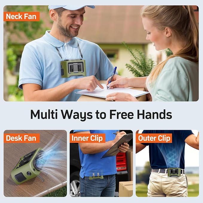 14500mAh Portable Waist Fan Clip On Belt- Rechargeable Battery Operated,Max 40H Cooling,5 Speed 14600RPM,Dual Air Vent, Hands-free Shirt Neck Fan With Light for Outdoor Jobsite Camping Traveling