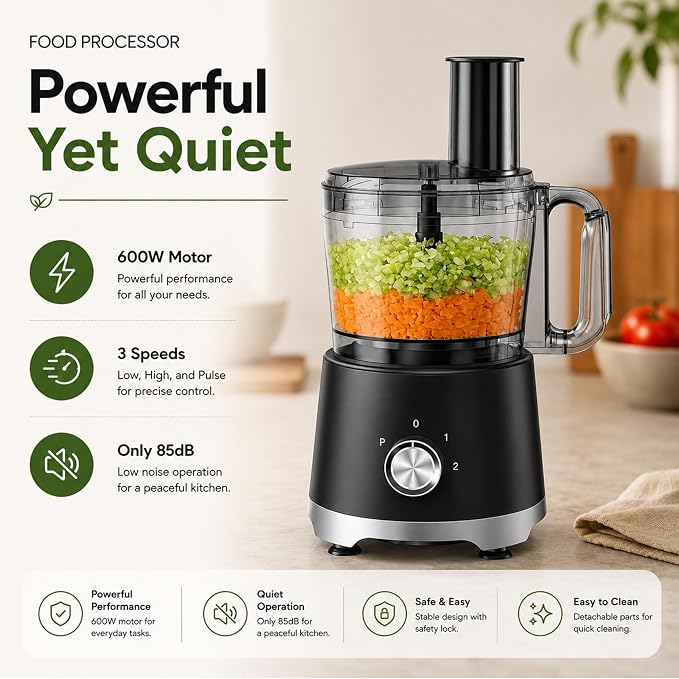 Simple Deluxe Food Processor 10.5 Cup, 2.6QT Multi-use Electric Vegetable Grinder with Slice Shred Chop Knead Functions, Kitchen Appliance for Fruit Smoothie & Dough Mixing, Black